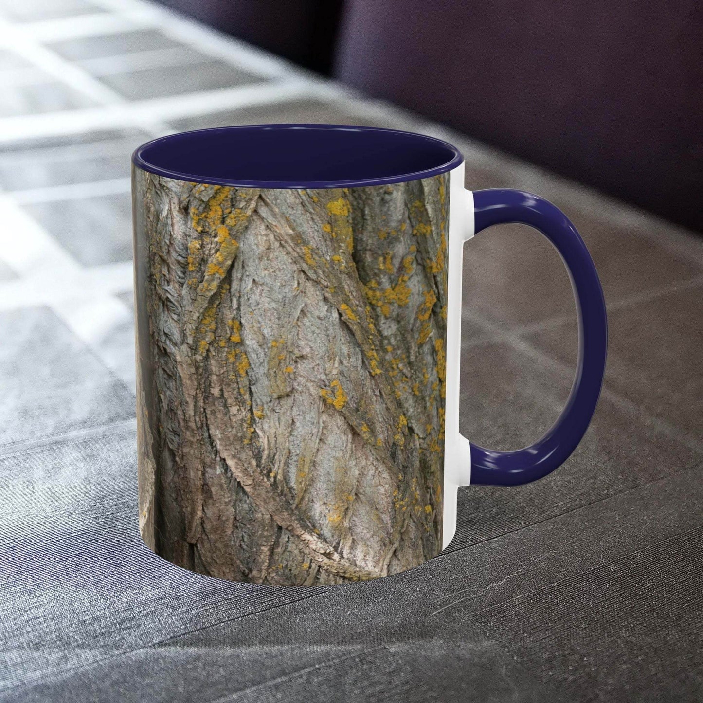 Coffee mug with tree trunk design on a rustic table, ideal for nature lovers and gifting.