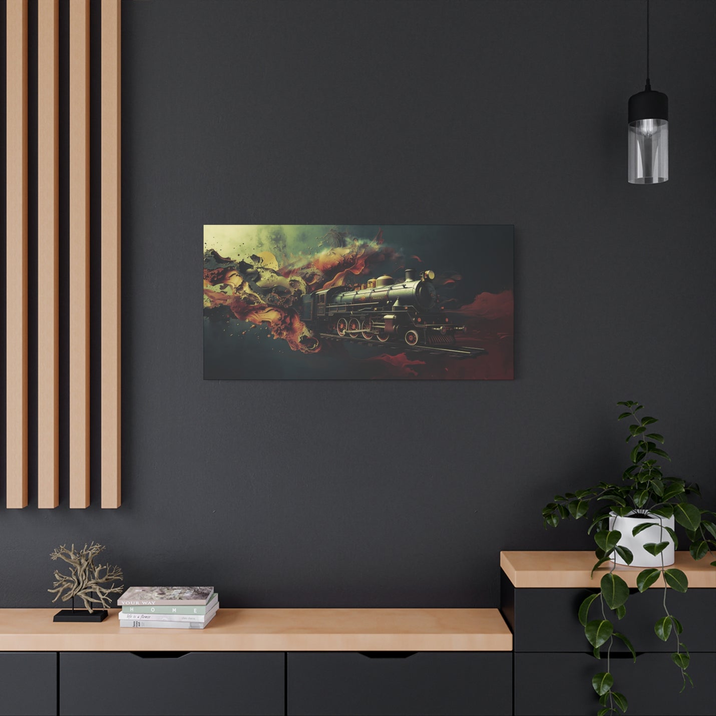 Nostalgic 40″ x 20″ | 101.60 cm x 50.80 cm locomotive wall art on 1.25″ | 3.18 cm stretched matte canvas.