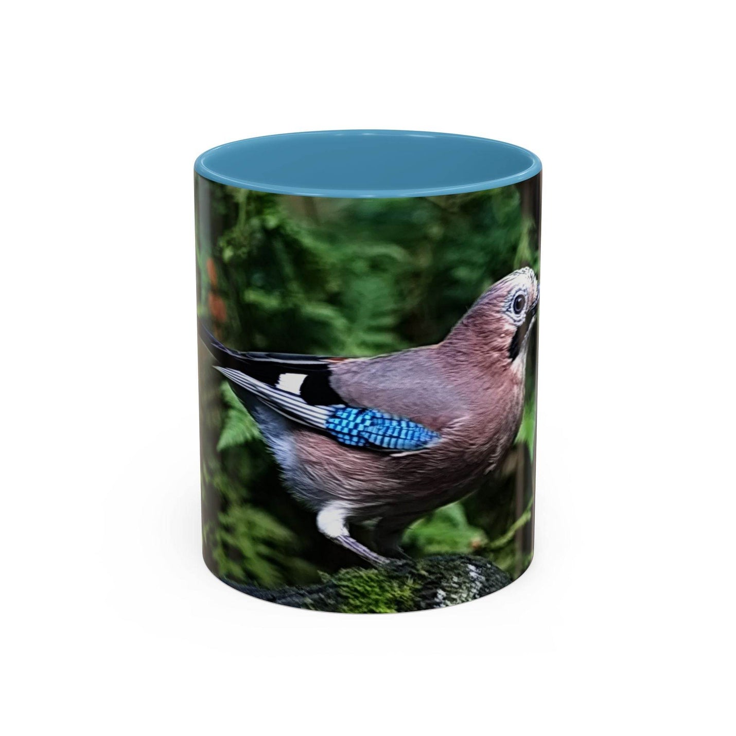 11oz colorful jay coffee mug with a light blue handle and light blue inside.