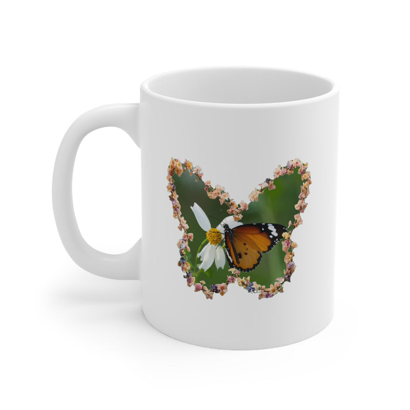 Premium 325ml butterfly daisy wreath ceramic coffee mug featuring a delicate monarch silhouette on white flower art.