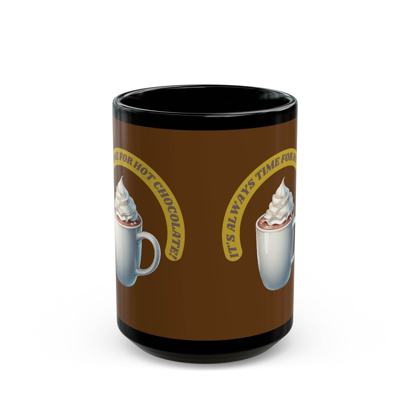 Generous 15oz black Mug - It's always time for hot chocolate - Black near a cozy couch for a relaxing evening lounge.