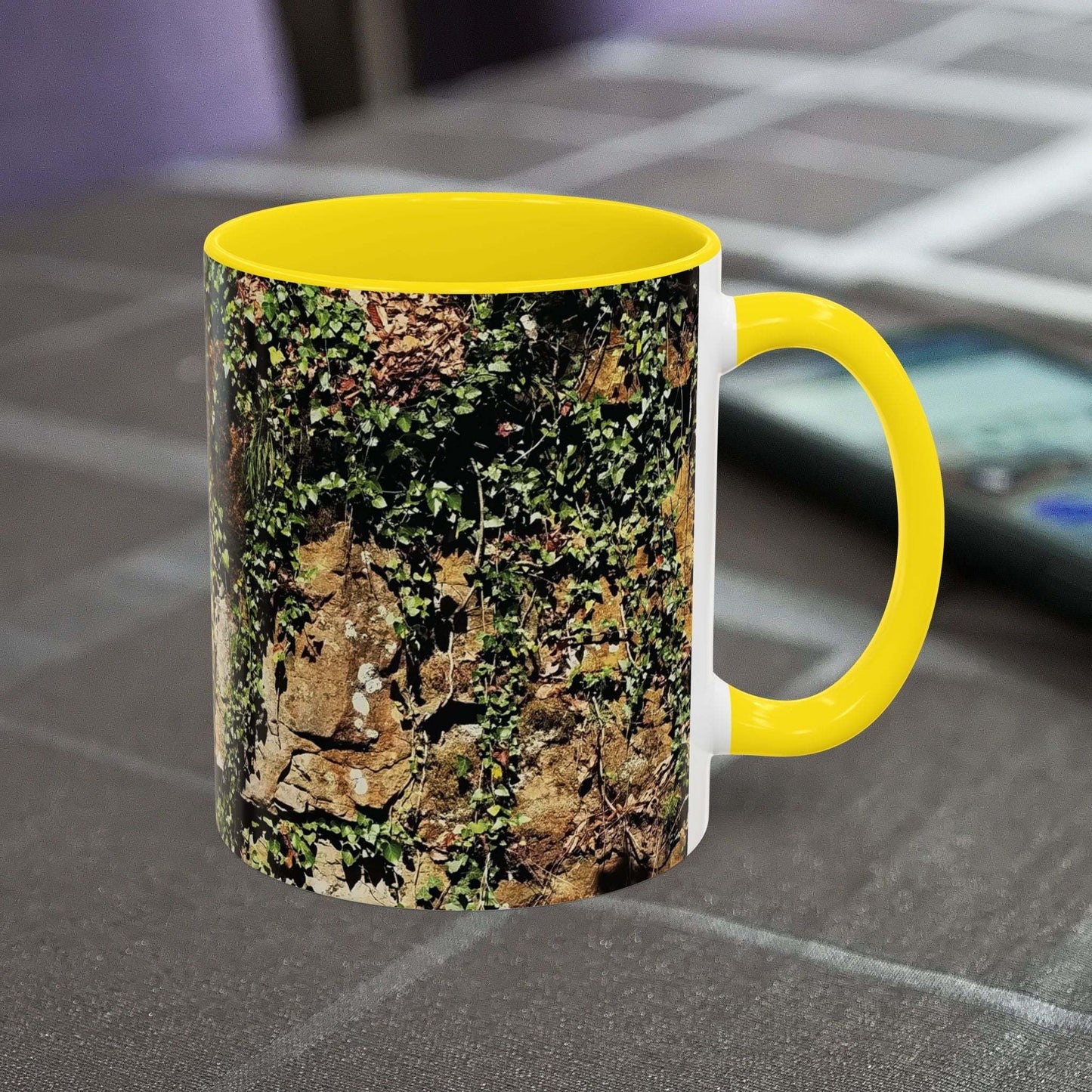 Overgrown Rocks Adventure Mug with vibrant outdoor design, ideal for climbers and nature lovers.
