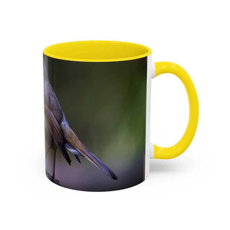 Nature inspired 11oz robin mug featuring a contrast yellow handle and yellow inside, perfect bird lovers gift.
