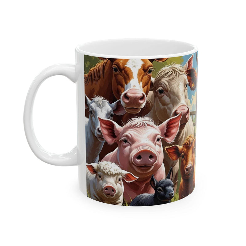 Whimsical 11oz coffee mug featuring a playful design of curious farm animals to brighten your morning routine.