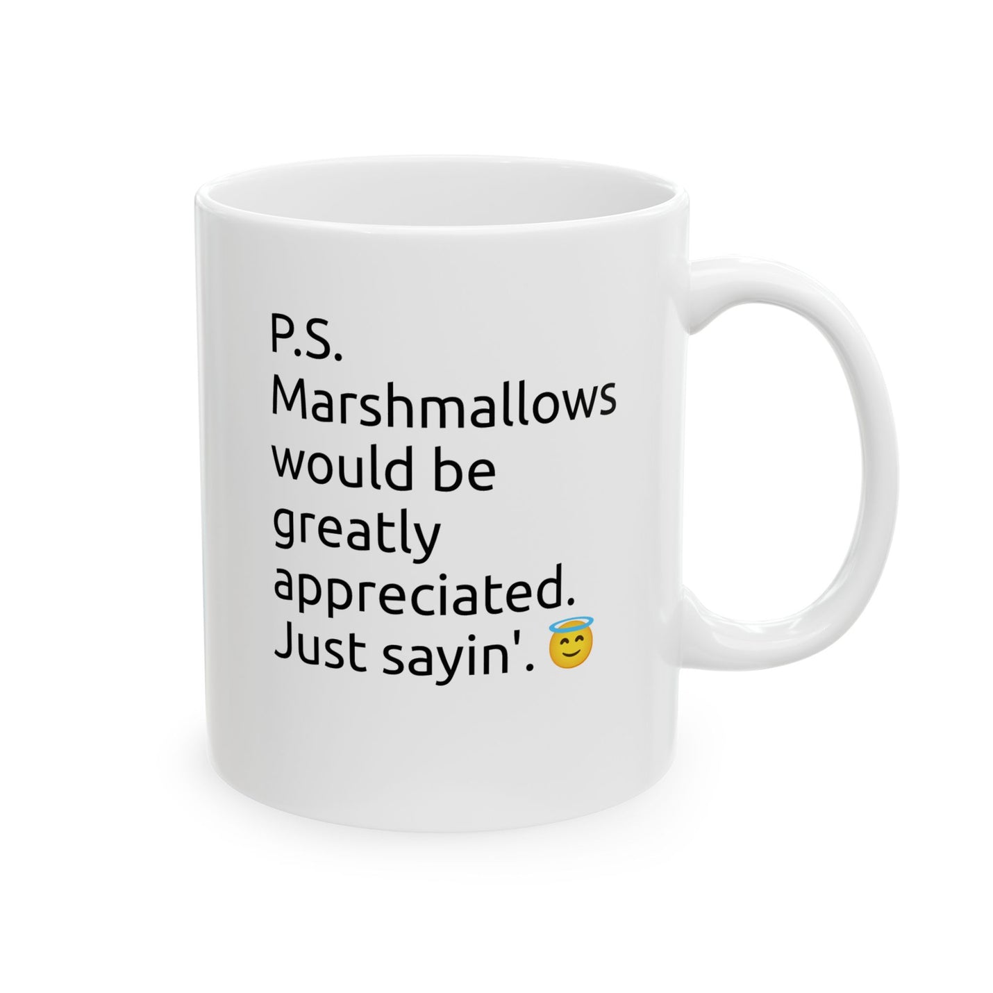 Charming 11oz hot chocolate cup with crisp typewriter style typography, a perfect morning kitchen companion to spark a smile.