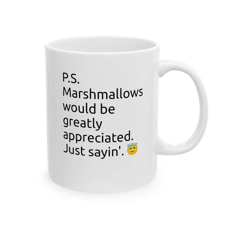 Charming 11oz hot chocolate cup with crisp typewriter style typography, a perfect morning kitchen companion to spark a smile.