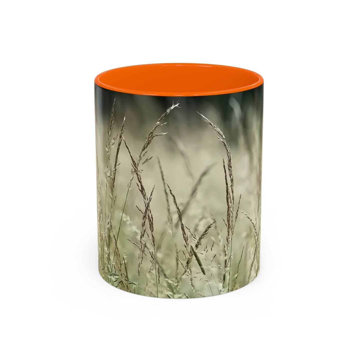 Schöner 325ml Natur-Becher mit blühendem Grasdruck, gestaltet mit einem kräftigen orangen Henkel und oranger Innenseite.