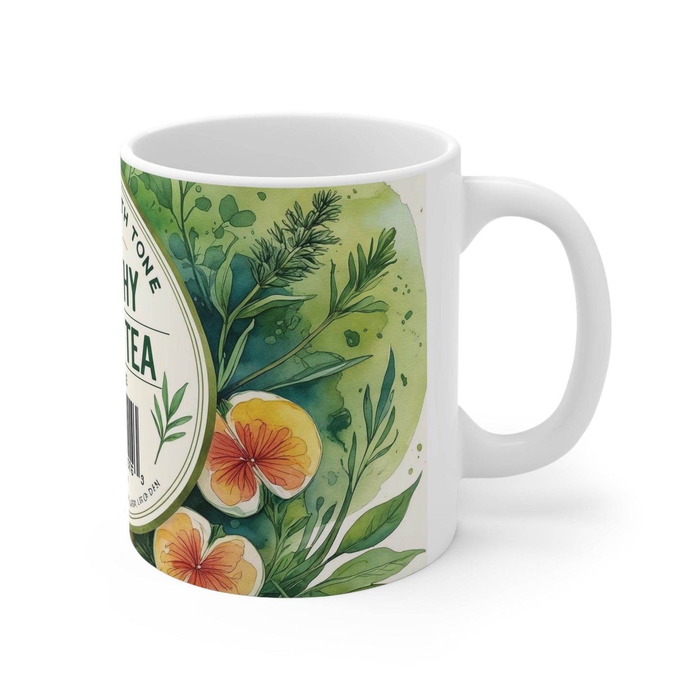 Hochwertiger 325ml Kaffeebecher mit praktischem Henkel, verziert mit einem bunten Kräutertee-Motiv für gemütliche Abende.
