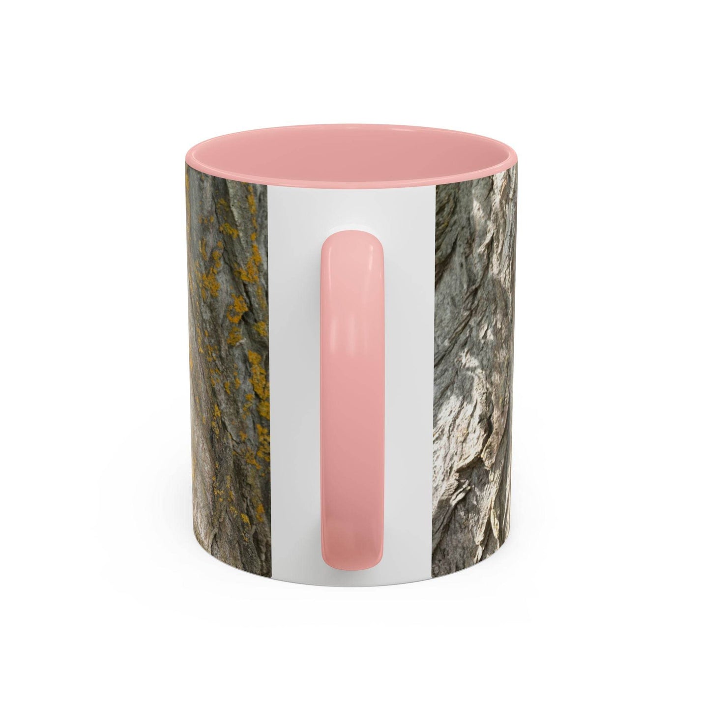 Earthy 11oz Coffee Mug - Tree Trunk Design in a modern room, showcasing its pink handle and pink inside.