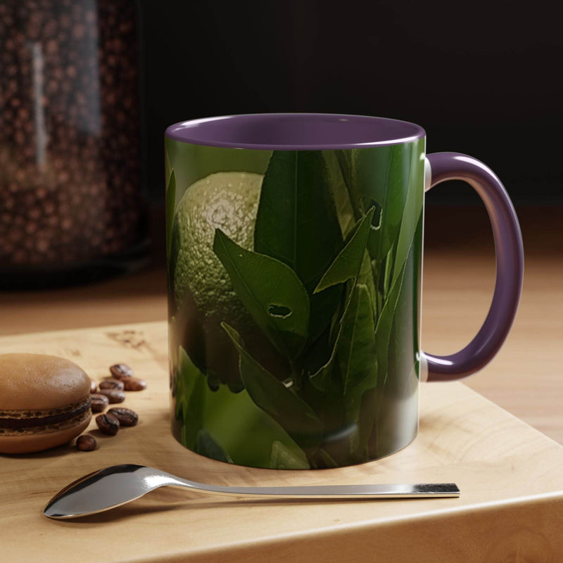 Colorful 11oz Fruit Mug on display, showcasing its deep purple handle and purple inside artsy look.