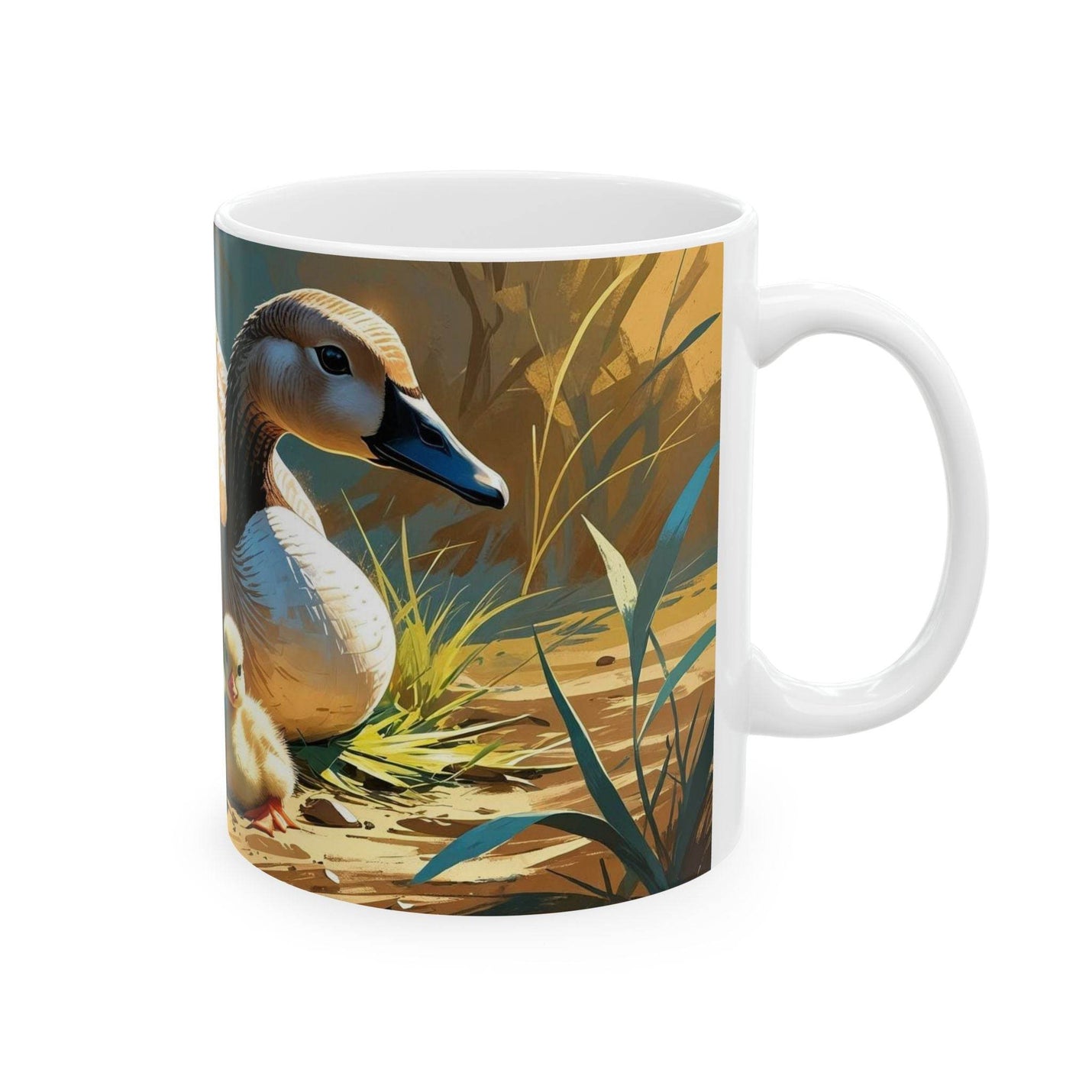 Nature-inspired 11oz white coffee mug decorated with a charming goose family portrait.