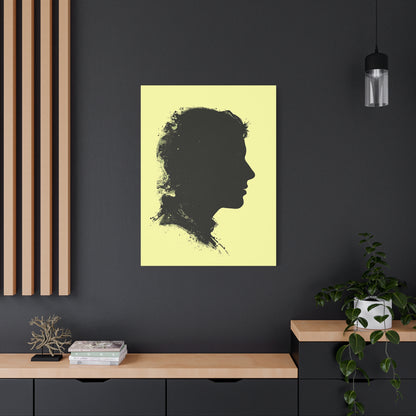 Silhouette Portrait Canvas Print — Vintage Black Profile on Soft Yellow Matte