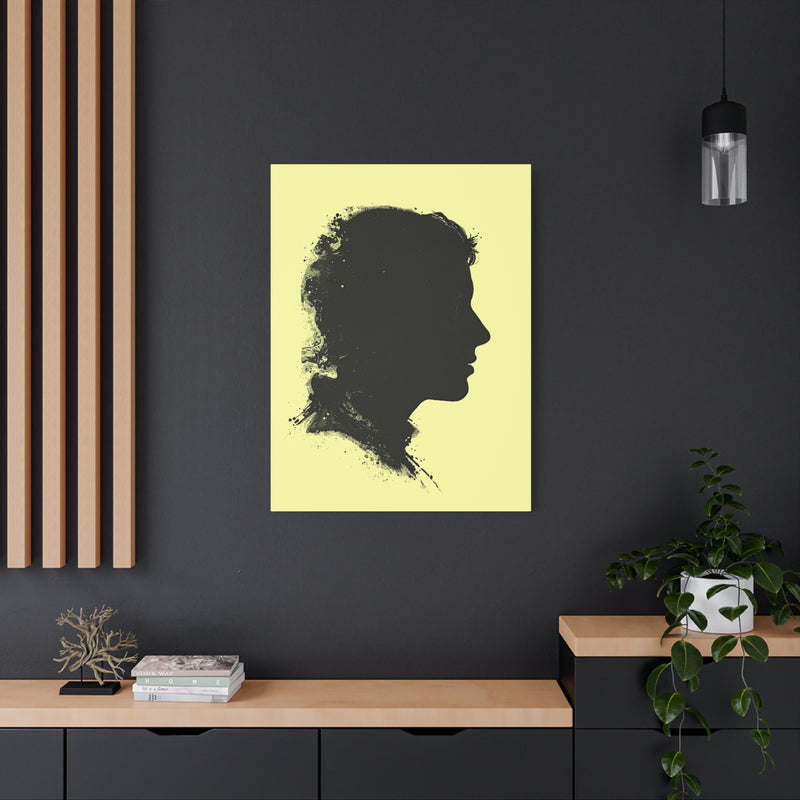 Silhouette Portrait Canvas Print — Vintage Black Profile on Soft Yellow Matte