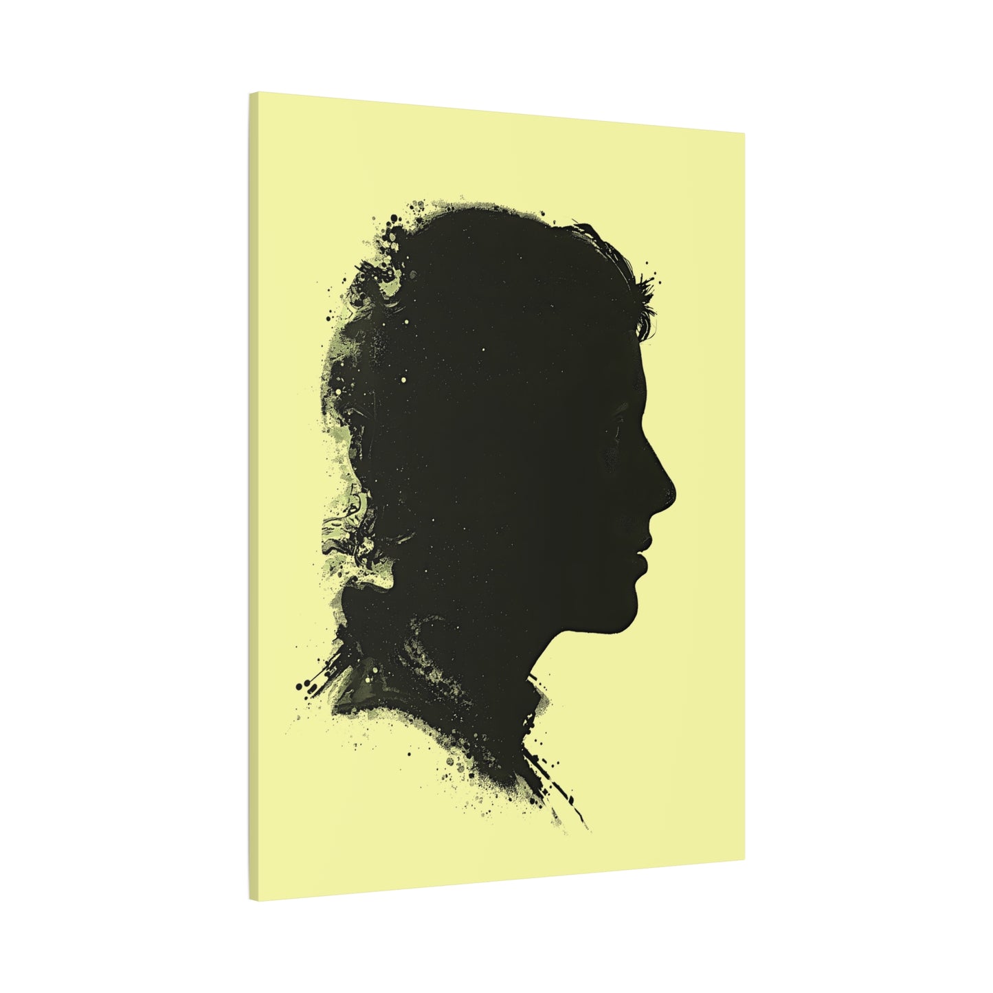 Silhouette Portrait Canvas Print — Vintage Black Profile on Soft Yellow Matte
