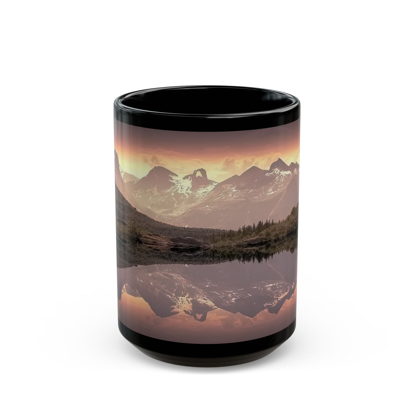 Sturdy 15oz Mountain Reflection Black Mug — Scenic Sunset Lake Coffee Mug next to fresh minimalist home decor items.
