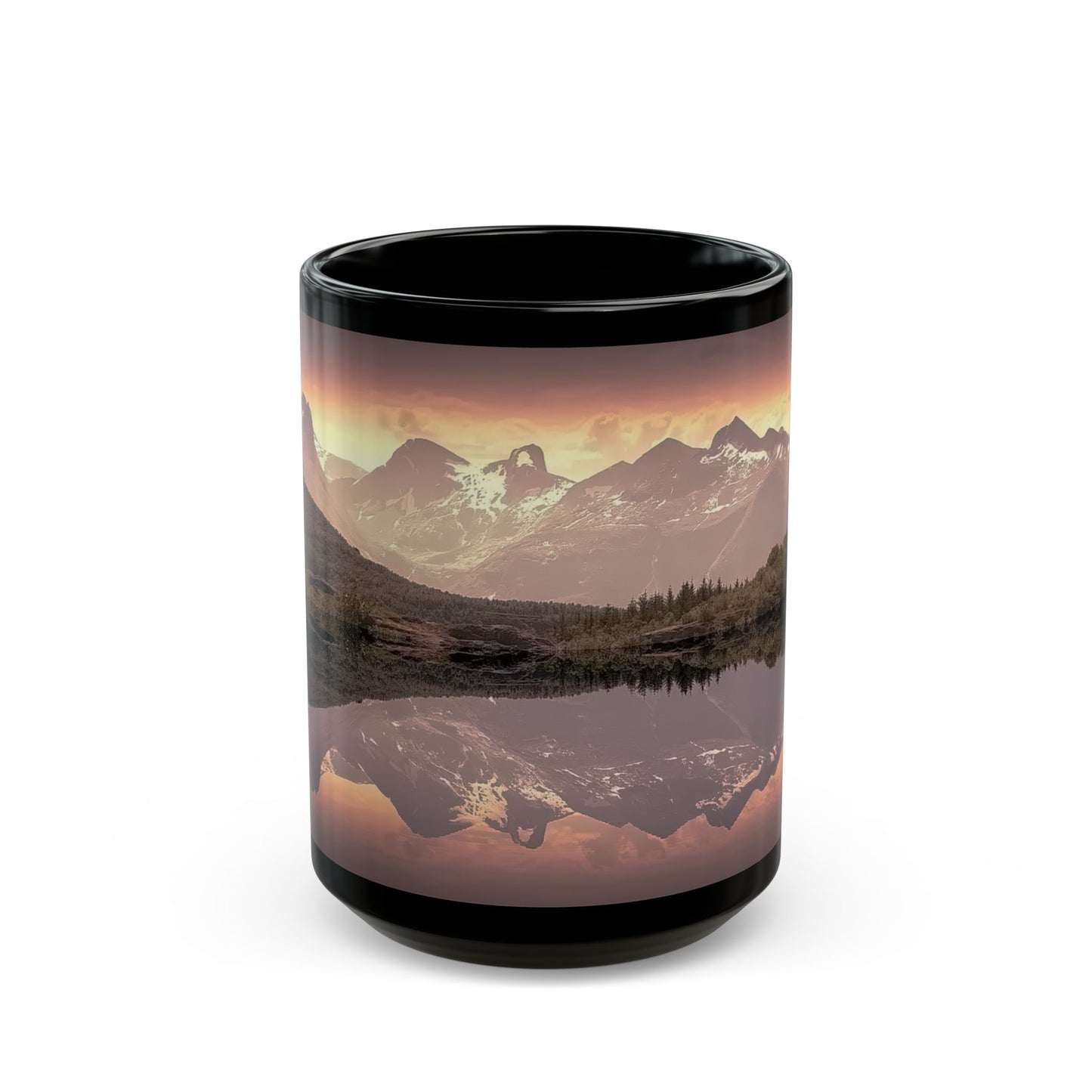 Mountain Reflection Black Mug — Scenic Sunset Lake Coffee Mug