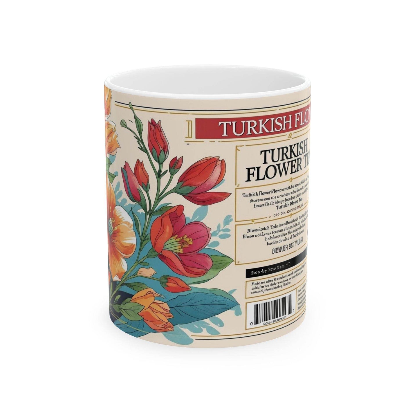 Elegant 11oz Mug Turkish Flower Tea Ceramic Mug standing beautifully right next to fresh green indoor botanical plants.