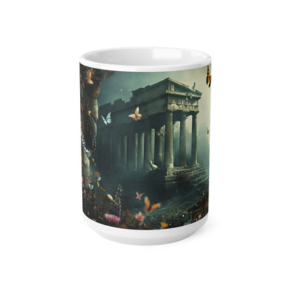 Mythic Garden Ceramic Mug — Ancient Ruins, Dear & Butterfly Floral Coffee Cup