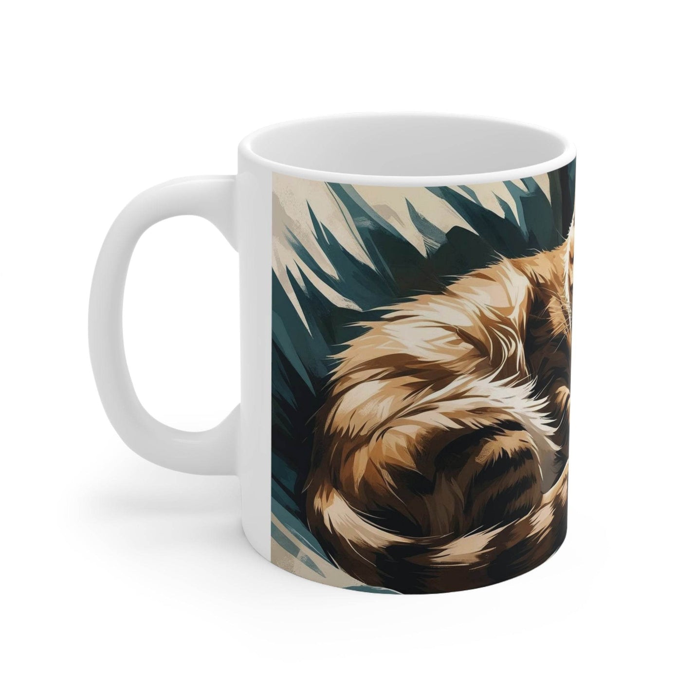 Ruhiger 325ml Keramik-Becher, der die enge Bindung und Freundschaft einer schlafenden Katze und eines Hundes zeigt.