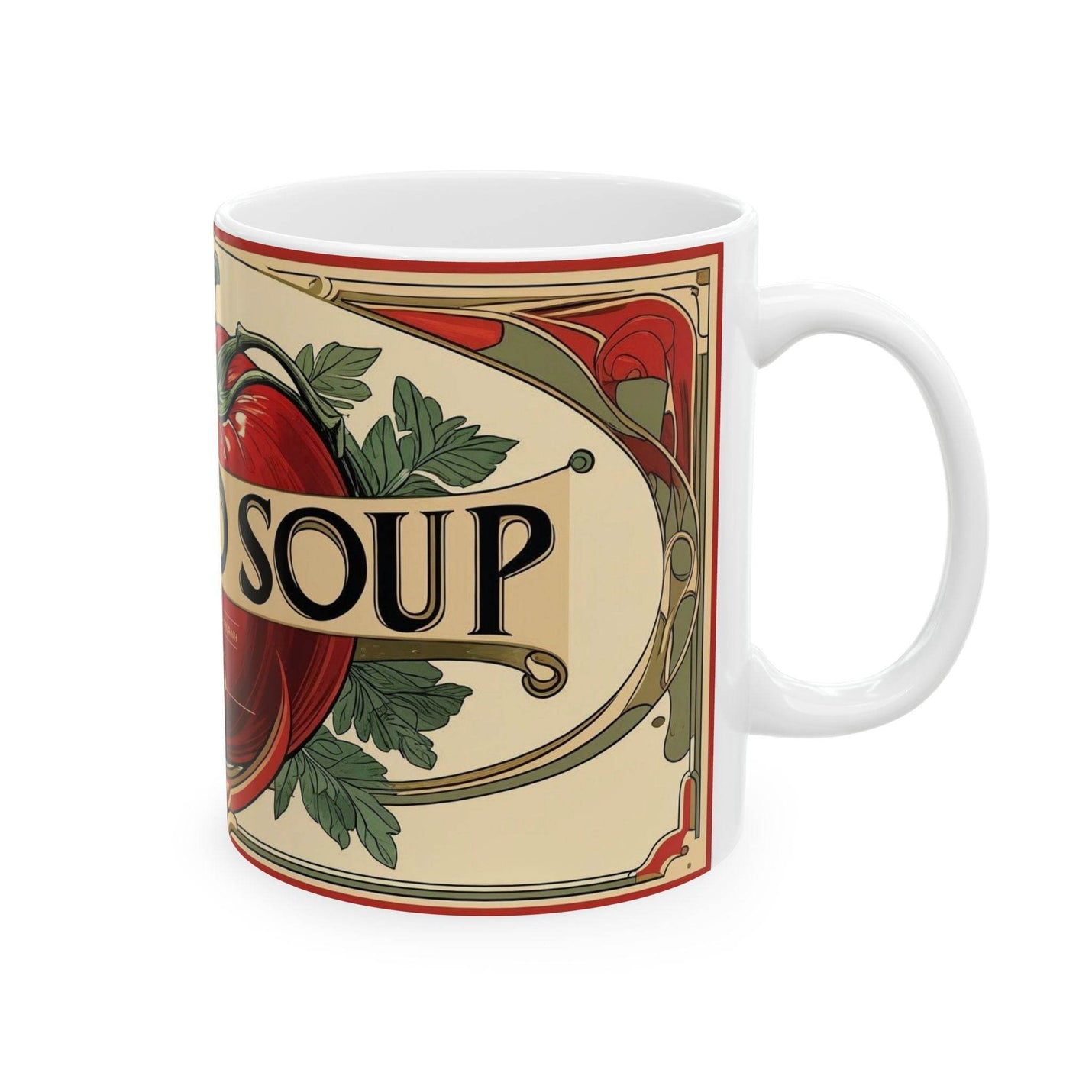 Premium 11oz colorful Mug - Tomato Soup Mug, Delicious flavour filled with warm beverage on a rustic dining table.