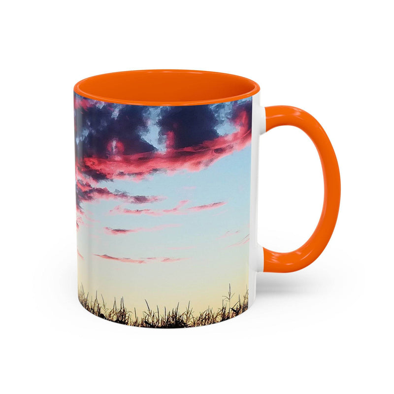 Lebendiger 325ml Sonnenuntergang Keramik-Becher, ideal fürs Homeoffice, mit orangem Henkel und oranger Innenseite.