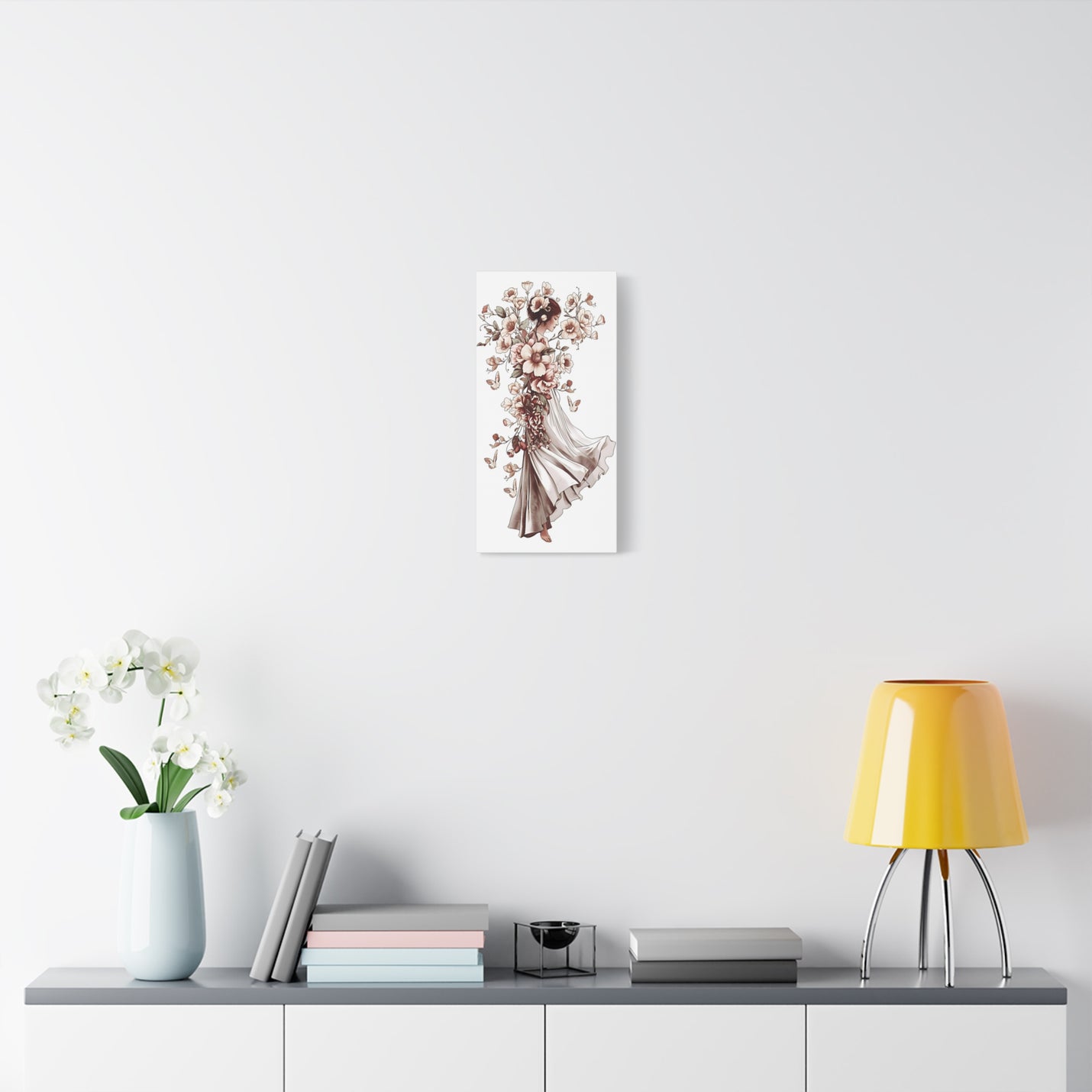 Poetic sepia dancer woven from flowers: 10″ x 20″ | 25.40 cm x 50.80 cm canvas print with Depth 1.25″ | 3.18 cm.
