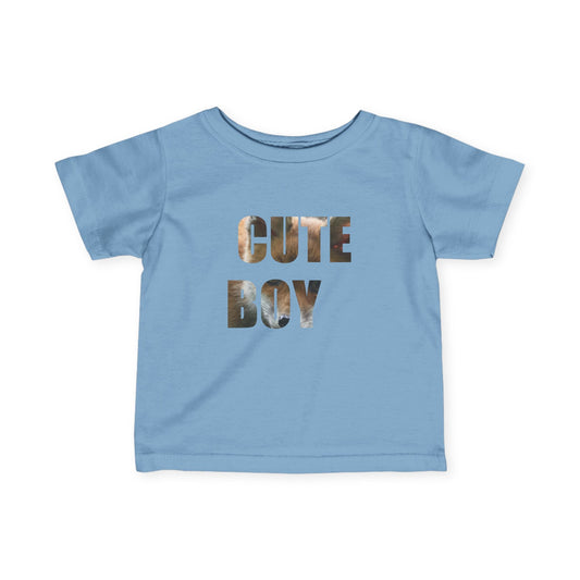 Blue infant tee with "Cute Boy" text design, perfect for baby boys.