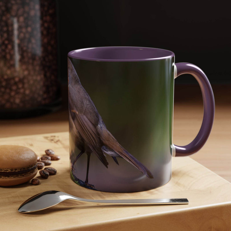 Elegant 11oz ceramic robin mug showcasing a purple handle and purple inside, designed for passionate bird lovers.