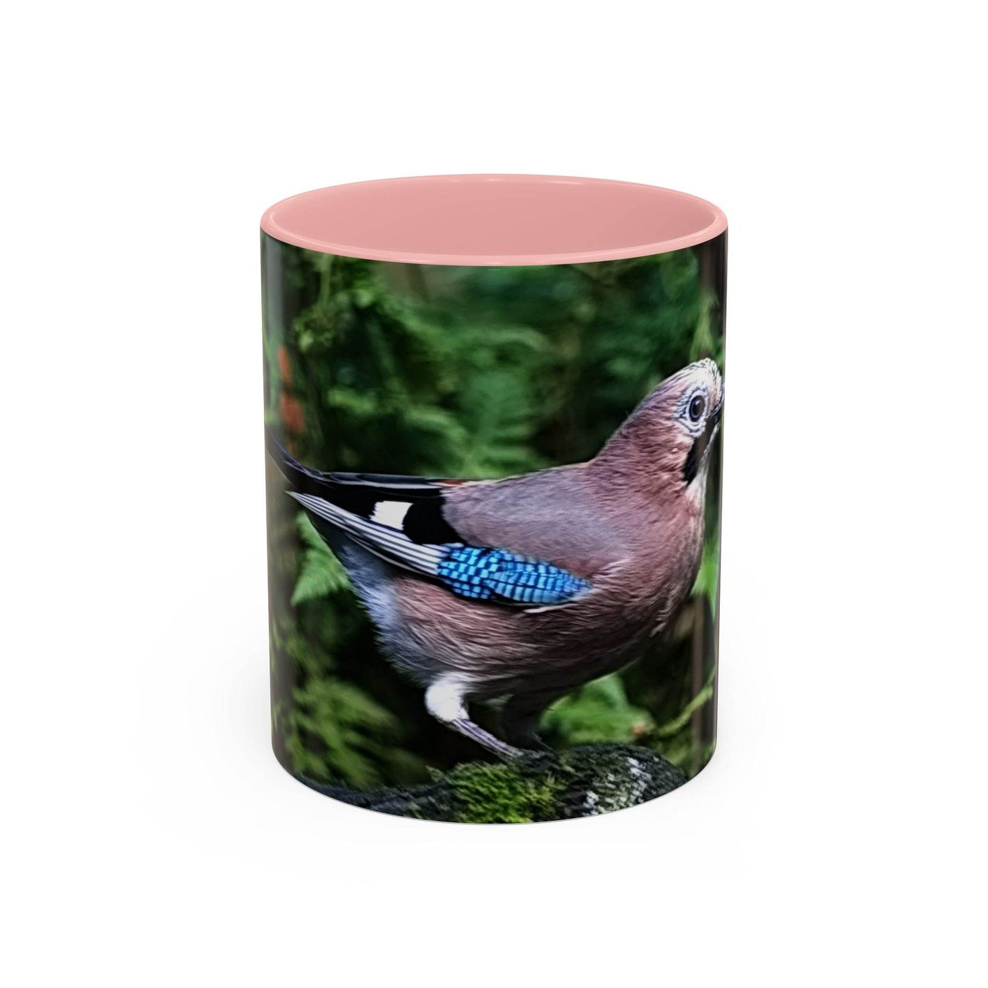 11oz colorful jay coffee mug with a pink handle and pink inside.