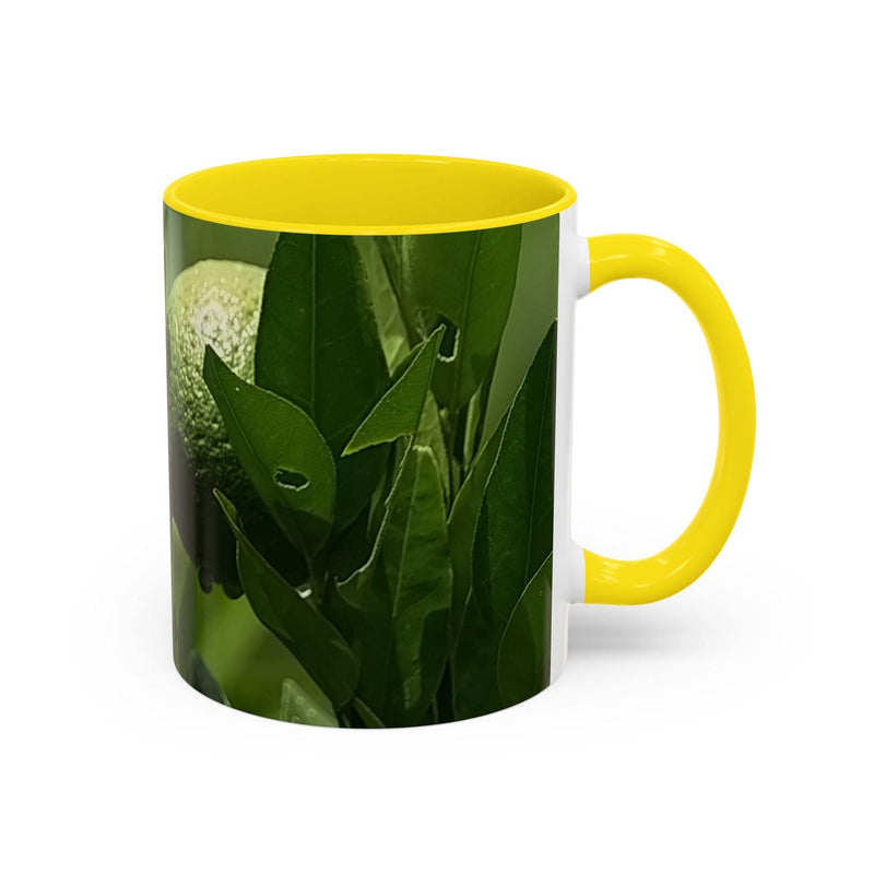 Glossy 11oz Fruit Mug showing its yellow handle and yellow inside in a bright kitchen space setup.