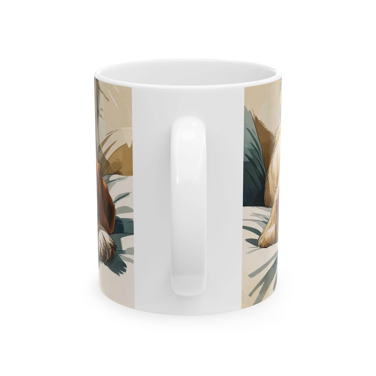 Cozy lifestyle view of a 11oz Mug - Three Dogs Sleeping on a Couch near a bright window during a relaxed coffee break.
