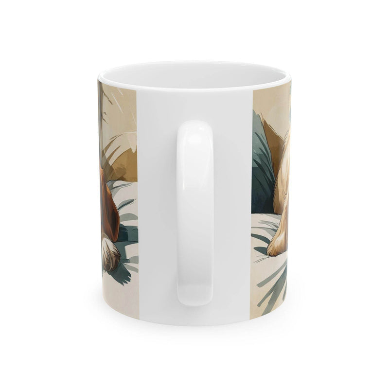 Cozy lifestyle view of a 11oz Mug - Three Dogs Sleeping on a Couch near a bright window during a relaxed coffee break.