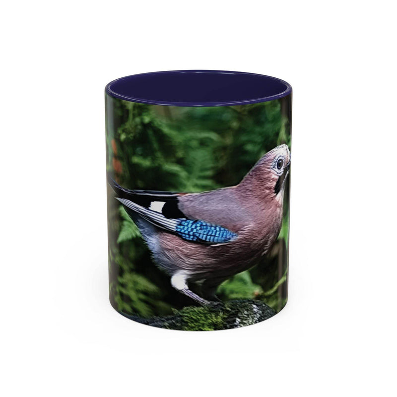 325ml bunter Eichelhäher Becher mit marineblauem Henkel und Innenseite.