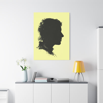 Silhouette Portrait Canvas Print — Vintage Black Profile on Soft Yellow Matte