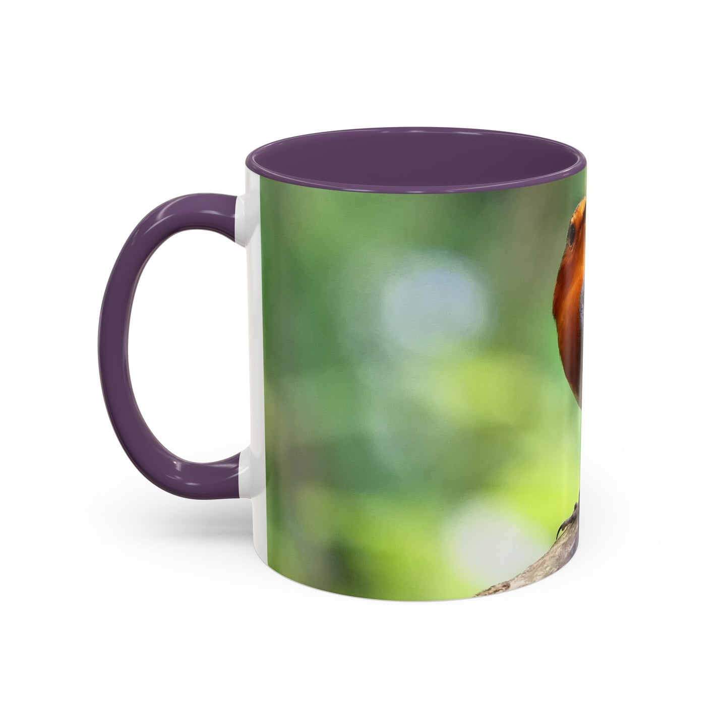Stately Robin Ceramic Mug 325ml with Purple handle and interior — detailed bird photography on ceramic.