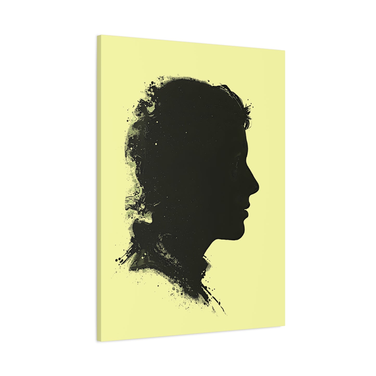 Silhouette Portrait Canvas Print — Vintage Black Profile on Soft Yellow Matte