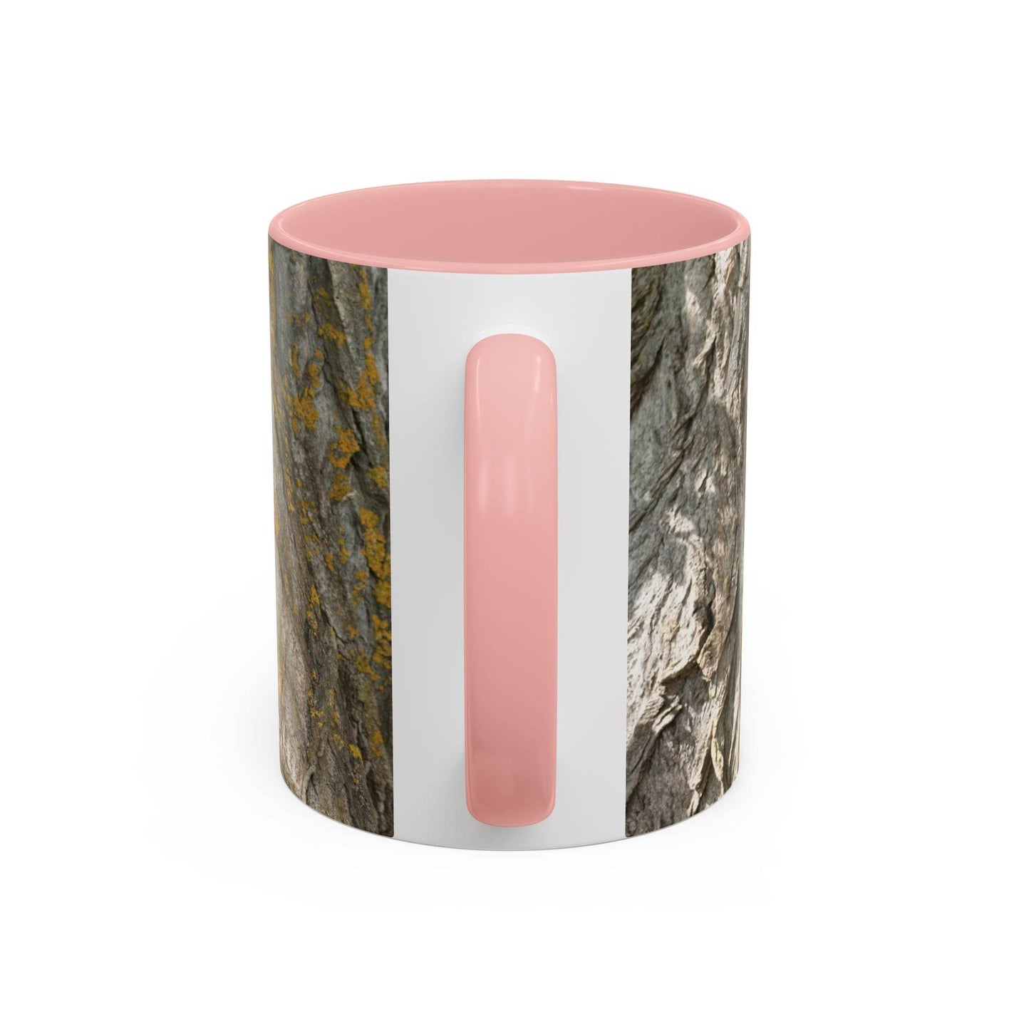 325ml Becher für Naturbegeisterte mit einem urigen Baumstamm-Design sowie einem rosa Henkel und rosa Innenraum.