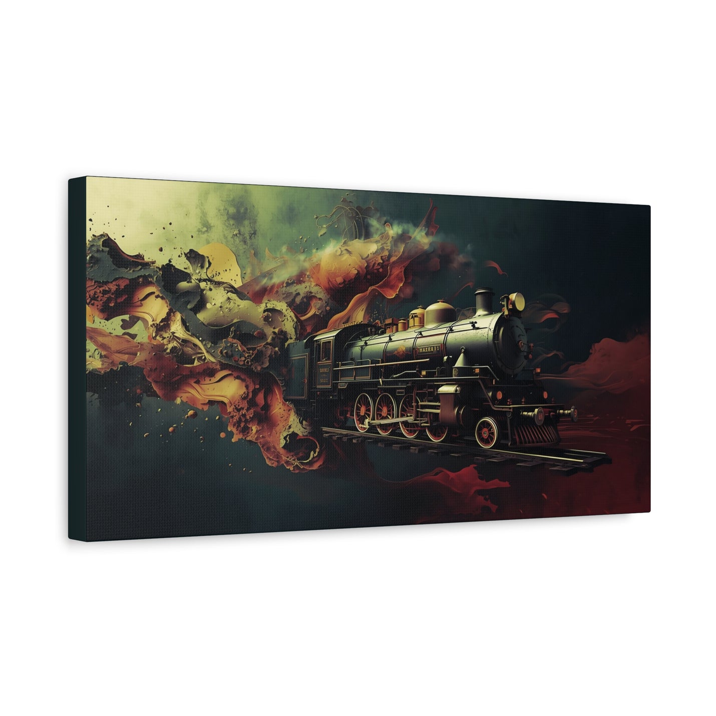 Vintage train in fiery smoke canvas print in 20″ x 10″ | 50.80 cm x 25.40 cm and 1.25″ | 3.18 cm profile.