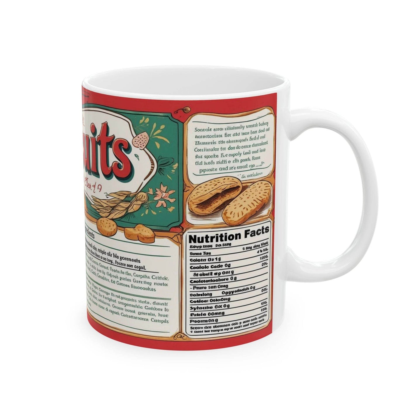 Premium 11oz snack themed Mug - Biscuits Coffee Mug filled with warm tea on a rustic wooden dining table.