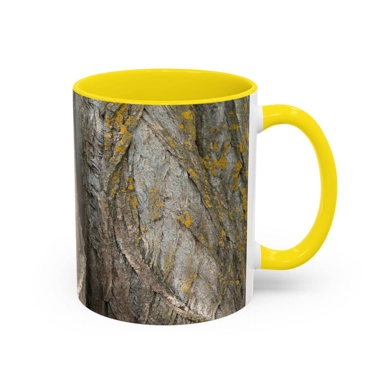 Premium 11oz Coffee Mug - Tree Trunk Design for breakfast, featuring a yellow handle and yellow inside.