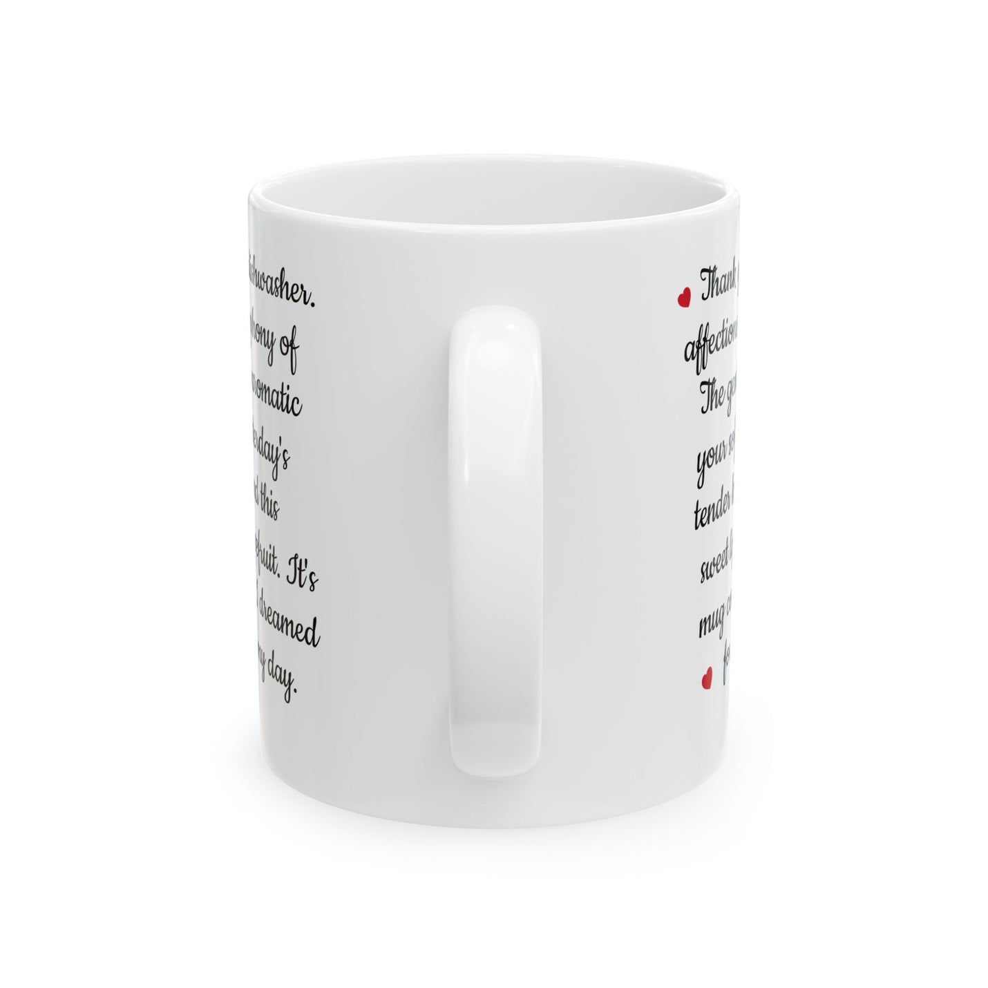 Sincere 11oz Romantic Love Letter Mug Ceramic Coffee Cup with a comfortable C-shaped handle filled with hot tea.