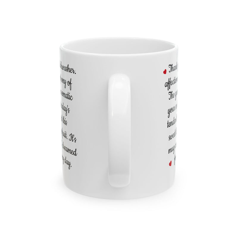 Sincere 11oz Romantic Love Letter Mug Ceramic Coffee Cup with a comfortable C-shaped handle filled with hot tea.