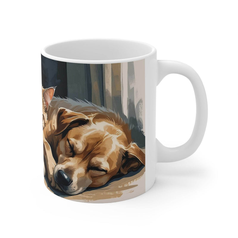 Charmanter 325ml gemütliche Begleiter Becher mit einer süßen Illustration von einem Hund und einer Katze, die friedlich schlafen.
