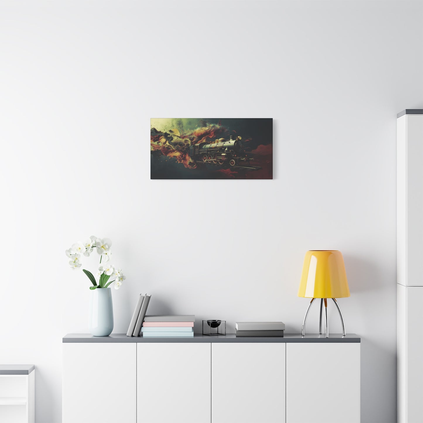 Steam Locomotive Wall Art Canvas — Vintage Train in Fiery Smoke