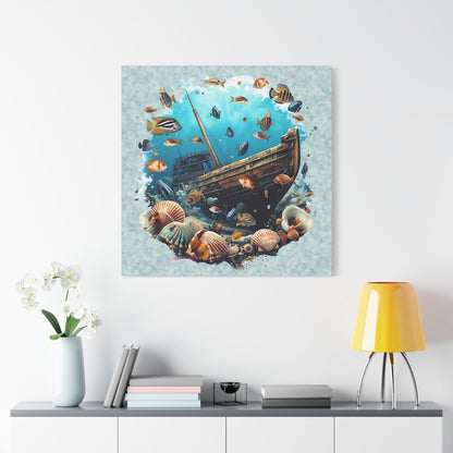 Sunken Ship Ocean Canvas Wall Art — Underwater Fish & Seashell Print