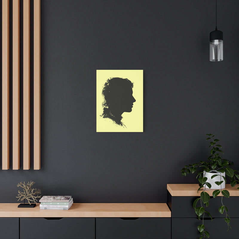 Silhouette Portrait Canvas Print — Vintage Black Profile on Soft Yellow Matte
