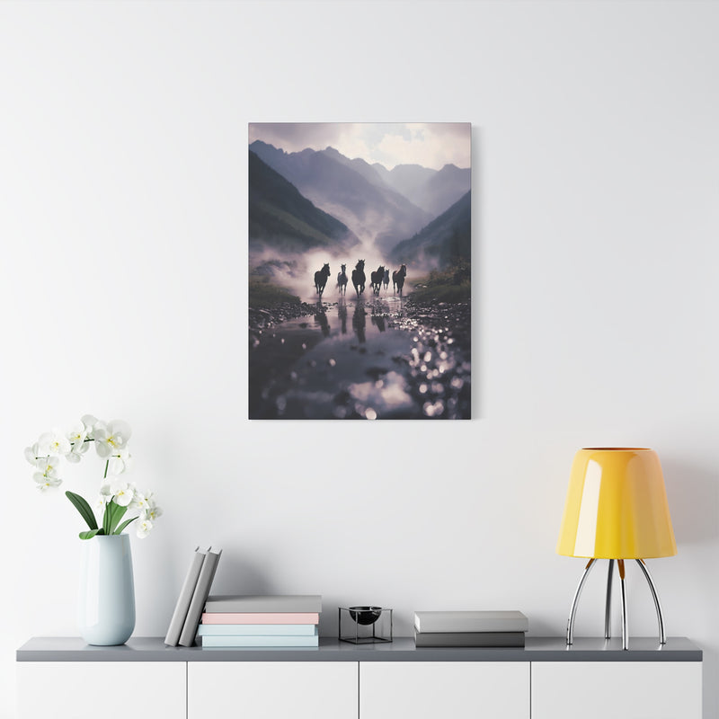 Premium 24″ x 32″ | 60.96 cm x 81.28cm nature canvas print featuring mist and horses on a 1.25″ | 3.18 cm gallery frame.