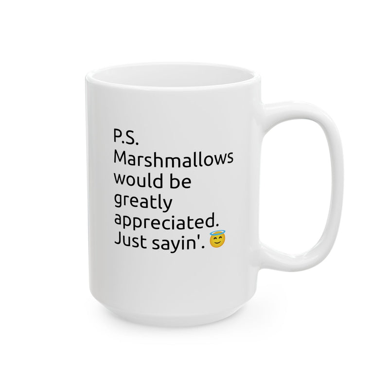 Charming 15oz hot chocolate cup with crisp typewriter style typography, a perfect morning kitchen companion to spark a smile.