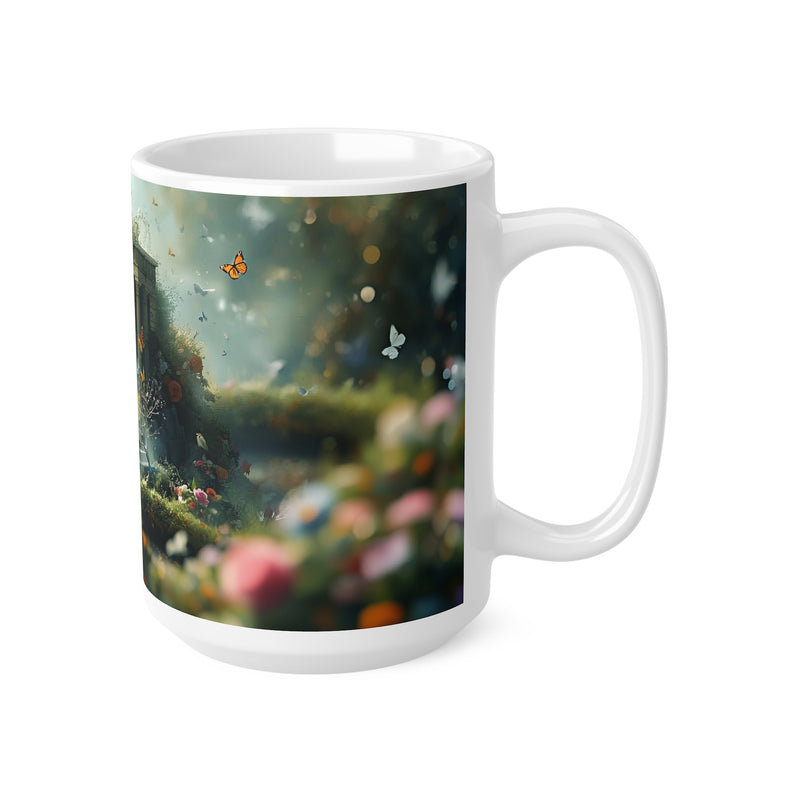 High-quality 440ml ceramic mug showing a timeless botanical temple scene, perfect for nature-inspired home decor and hot coffee.