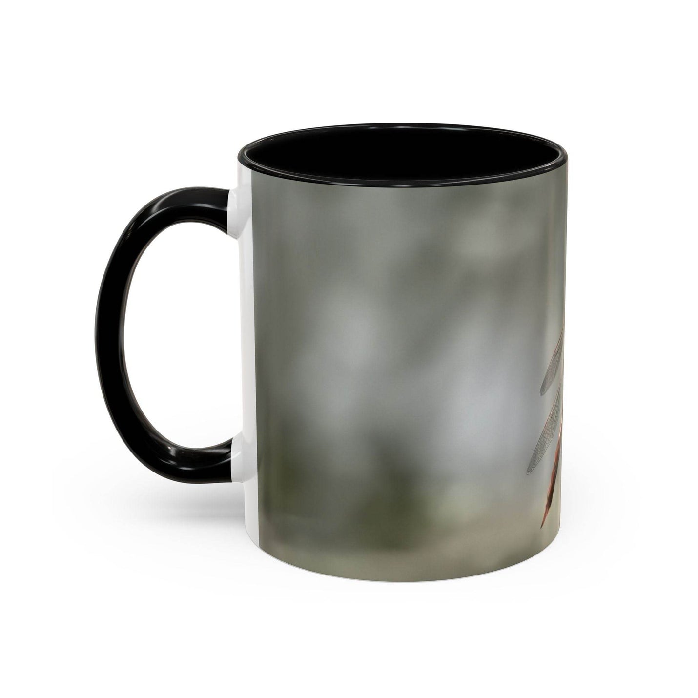 Glossy 325ml dragonfly coffee cup printed with high-quality ink, finished with a classic black handle and solid black inside.